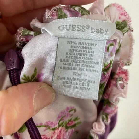 GUESS Baby Crushed Velvet Dress Purple with Buttons Bows Back Zip Sz 12M Velour - Picture 7 of 10